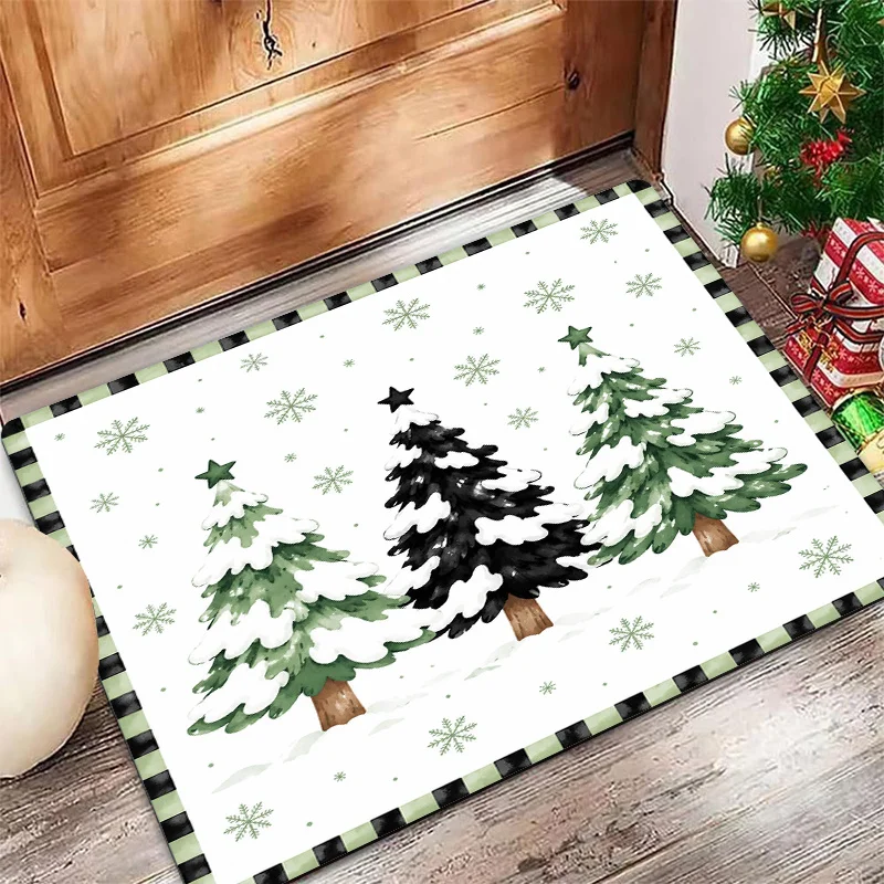 Black White Tree Merry Christmas Rug Checkerboard Border Red Green Star  Non Slip Carpet For Modern Style Home Entrance Decor