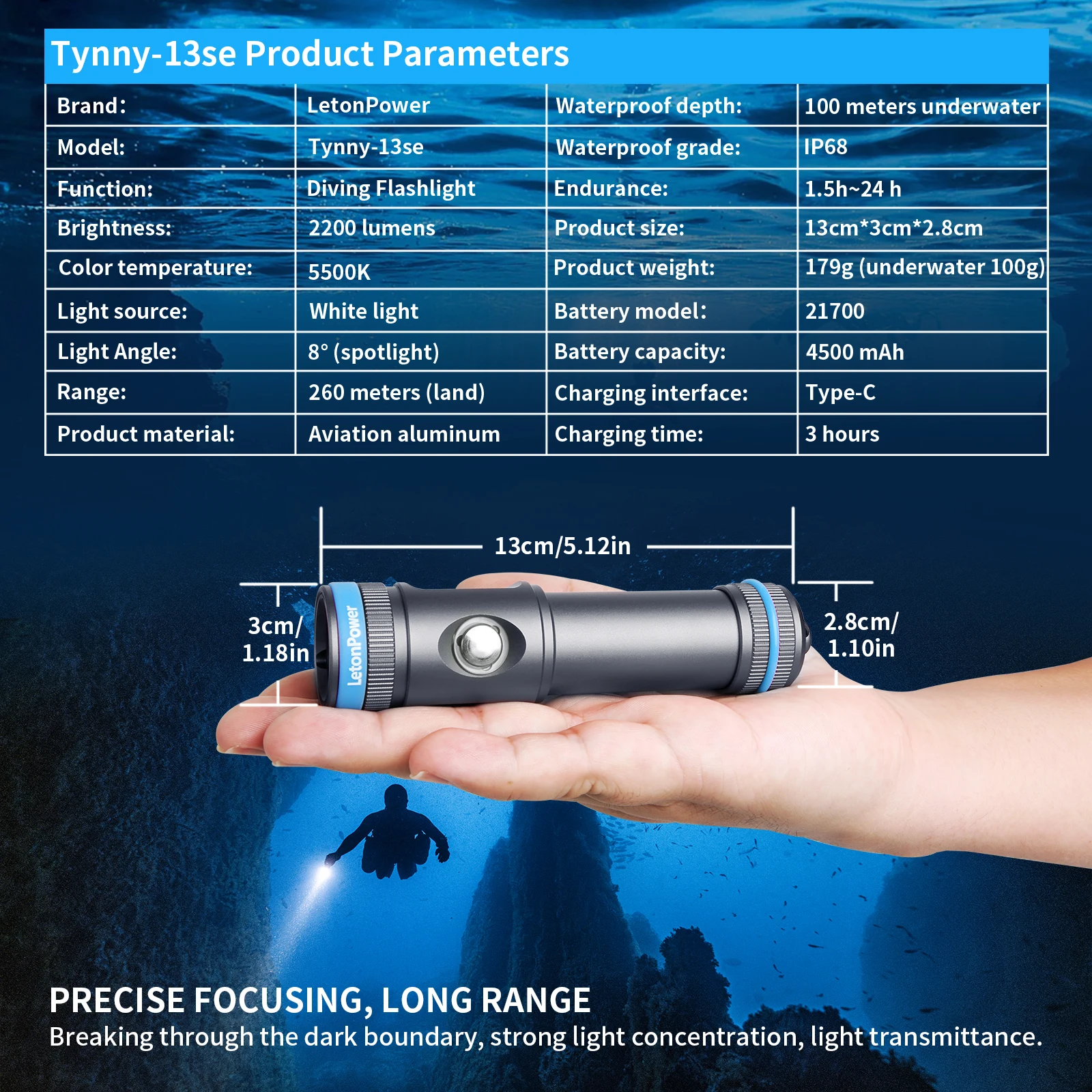 LetonPower Dive Light 2200 Lumens Compact Underwater Flashlight 6 Modes Dive Torch Snorkeling Light Scuba Diving Flashlight