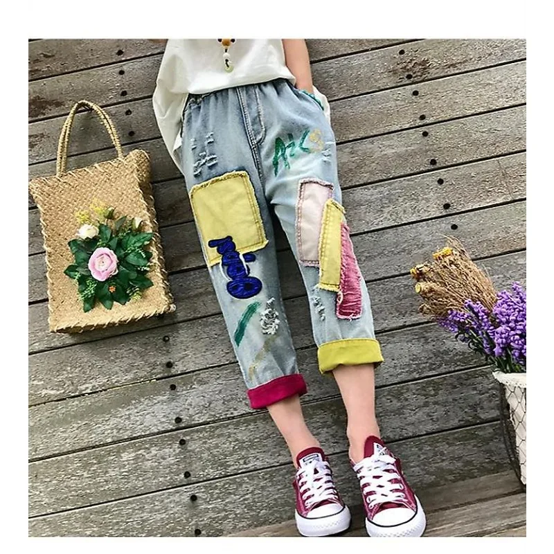 Summer Thin Vintage Patchwork Embroidered Elastic Waist Ripped Contrast Color Loose Plus Size Jeans Women Slimming 9-Point Pants