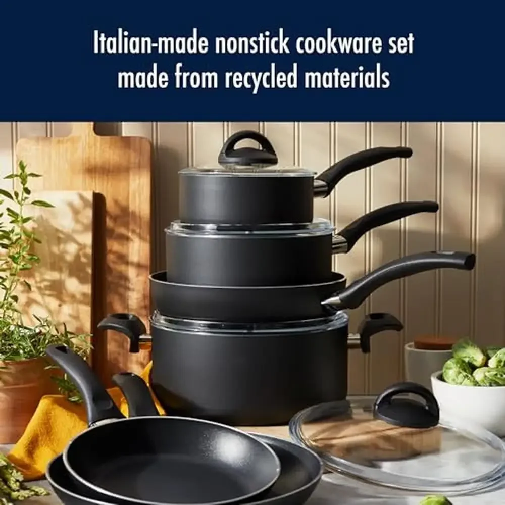 10-Piece Lightweight Aluminum Nonstick Cookware Set Even Heating Durable 3-Layer Coating Metal Utensil Safe Elegant Flared Rim