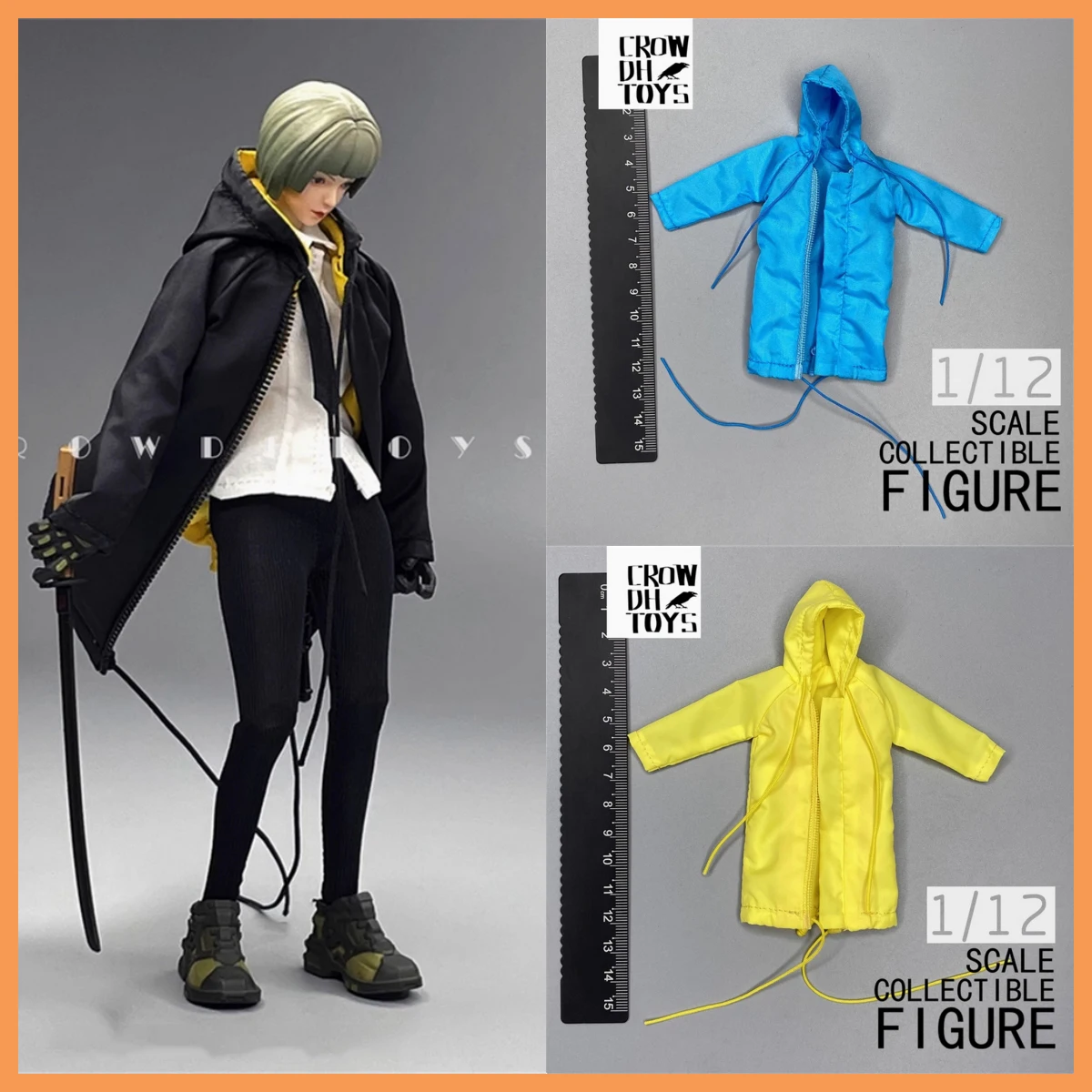 

Модное пальто средней длины в масштабе 1/12, базовая повседневная куртка на молнии с капюшоном для 6 дюймов BJD Azone, экшн-фигурка, модель тела