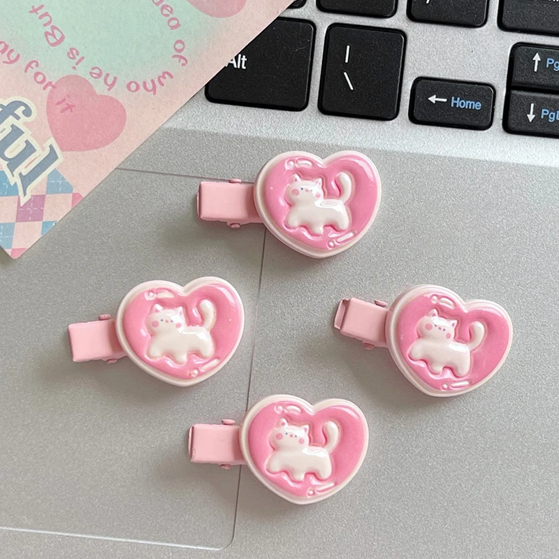 New Girls Cute Love Heart Cat Hair Clip Kids Lovely Pink Duckbill Clips Cute Sweet Cartoon Kitten Headband Clip Hair Accessories