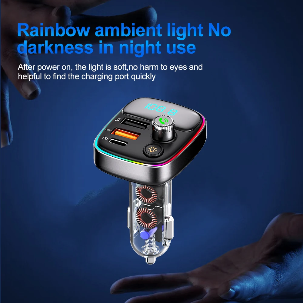 Bluetooth 5.3 FM Transmitter Car Charge Car Radio Modulator MP3 Player With 36W PD QC3.0  Quick Charge Adapter Colorful Lights