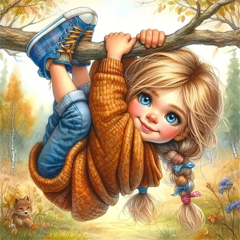 

Whimsical Girl Hanging from Autumn Tree Jigsaw Puzzle, Playful Fall Decor Brain Challenge Scenic Art Puzzle for Gift