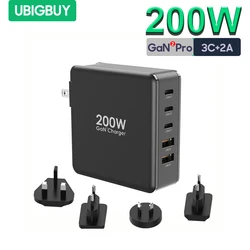Ubigbuy GaN 200W USB C Charger with 2 Ports USB-C PD 100W and 3 Ports QC65W, Fast Charging Travel Adapter for Laptops Cellphone