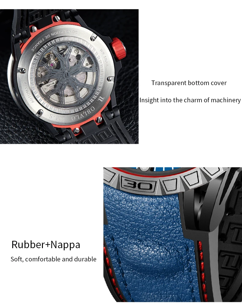 OBLVLO メンズ自動腕時計 47 ミリメートル高級機械式腕時計防水サファイア発光スケルトンダイヤル