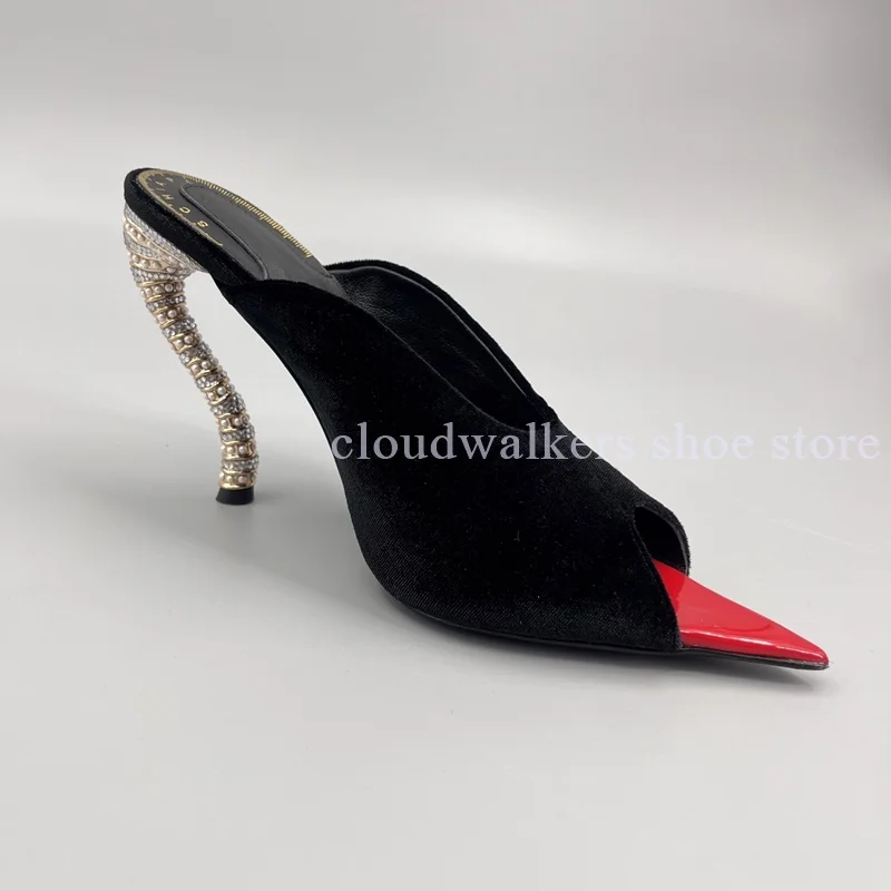 Sexy Red Pointed Toe Velvet Women's New Fashion Slippers Shiny Broken Diamond Strange Style Heel Catwalk Hot Chick Party Slipper