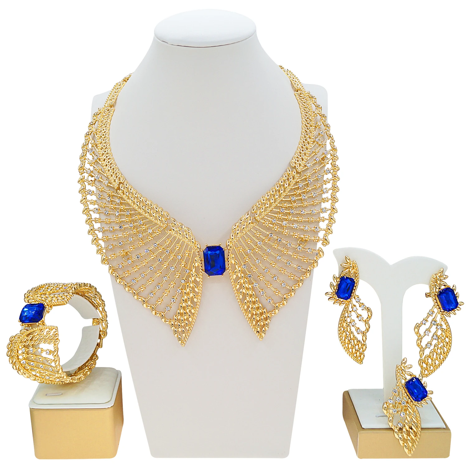 

Exquisite hollow Brazilian jewelry set blue crystal personalized gold-plated necklace fashion jewelry 4-piece set