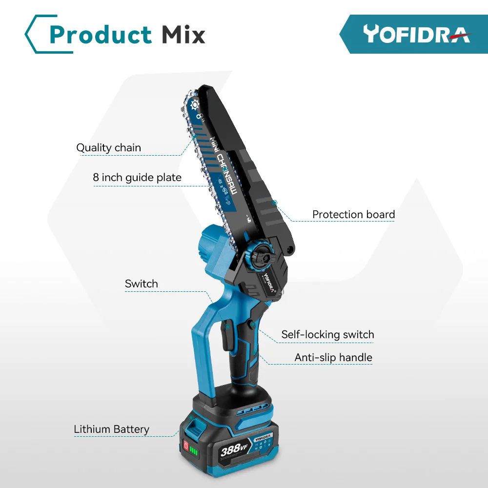 YOFIDRA 8 Inch Brushless Electric Chainsaw Cordless Woodworking Pruning Saw Garden Cutting Power Tool For Makita 18V Battery