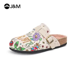 J&M Women Slides Fashion Cartoon Flower Slippers Lady Flats Shoes Summer Beach Sandals Breathable Mules White Casual Shoes