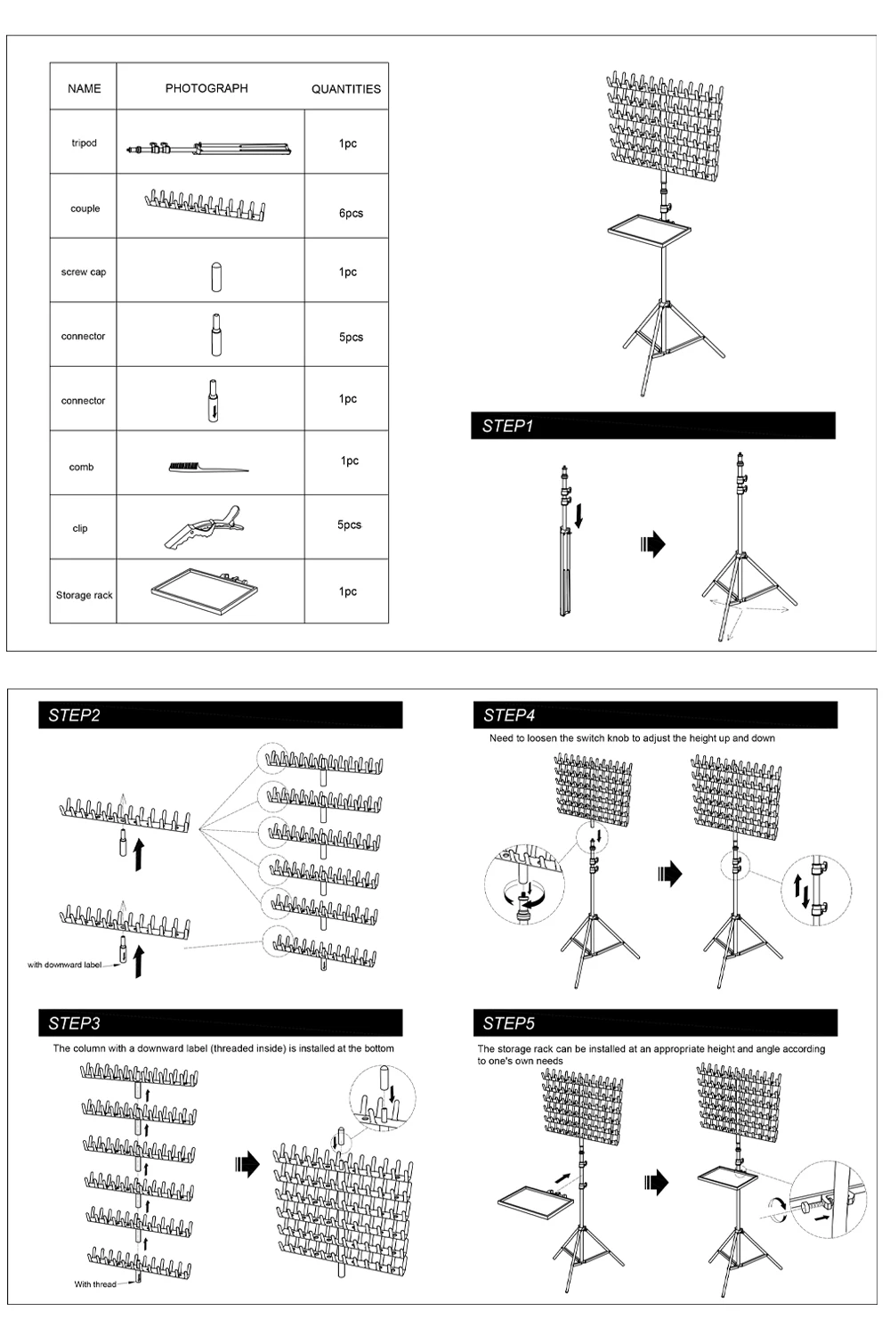 رف شعر تجديل بارتفاع قابل للتعديل مع صينية سوداء 144 أوتاد حامل وصلات شعر مع ملحقات تجديل 5 قطعة مقاطع و1 قطعة مشط #5