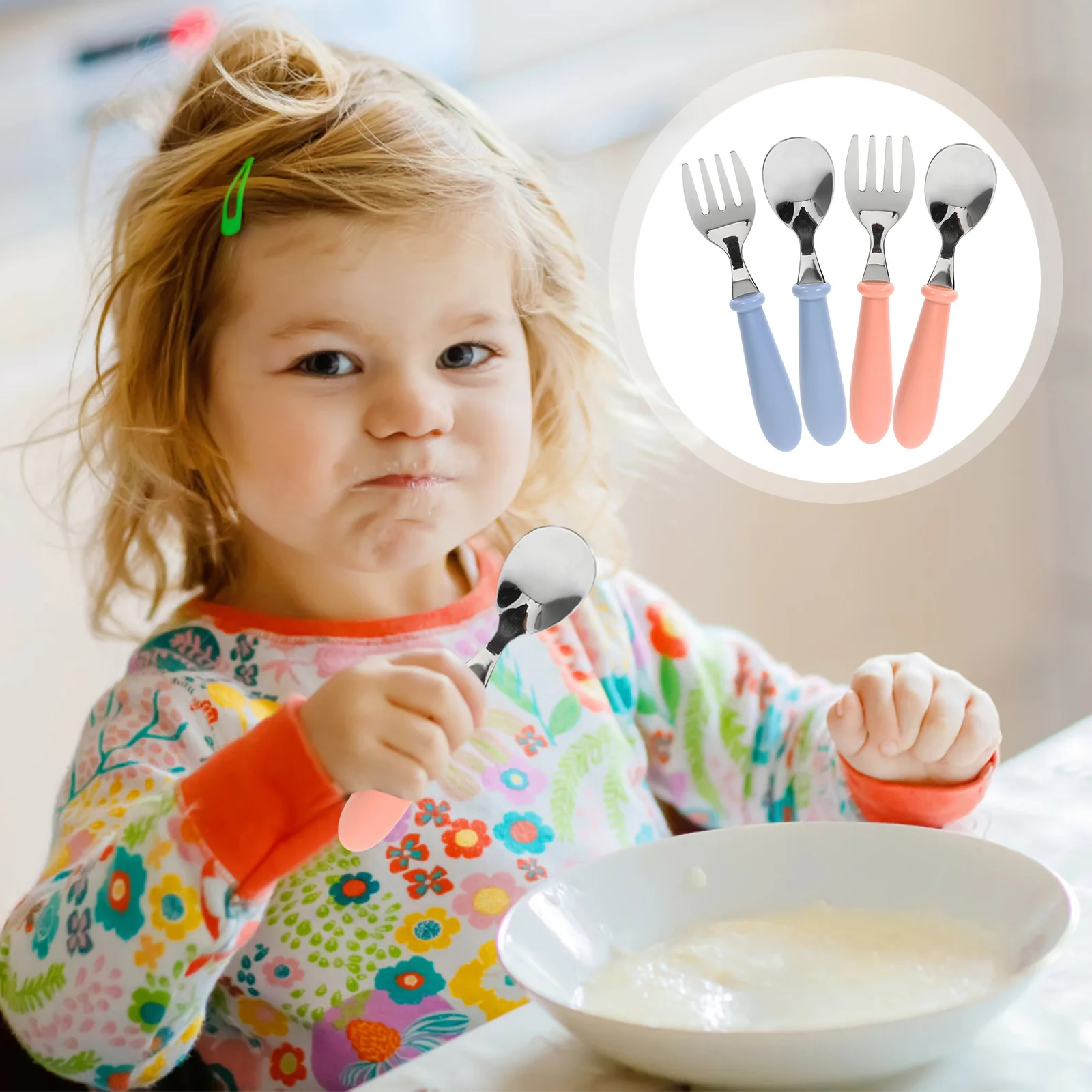 

4Pcs Toddler Spoon Fork Set Stainless Steel ABS Baby Feeding Utensils Practical Durable Lightweight Dishwasher Safe