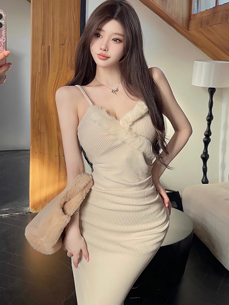 الخريف الشتاء الصلبة محبوك يتدفقون حبال مثير فستان طويل المرأة أنيقة فستان حفلة الرقص 2025 الكورية خمر فستان حفلة موسيقية فاخر #4