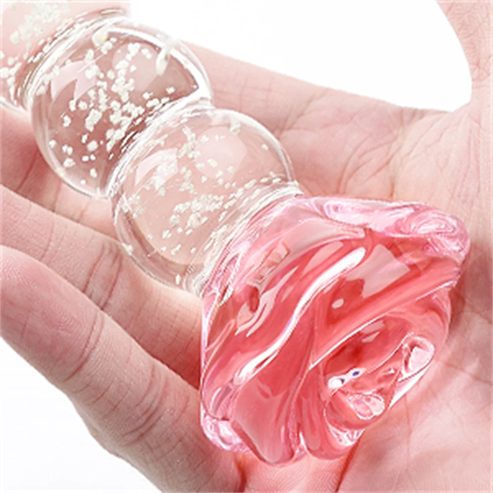 Erotic Rose Glass Dildo Huge Anal Beads Balls Butt Plug for Women Men Pink Rose Glass Penis Anal Plug Sex Tool glow-in-the-dark