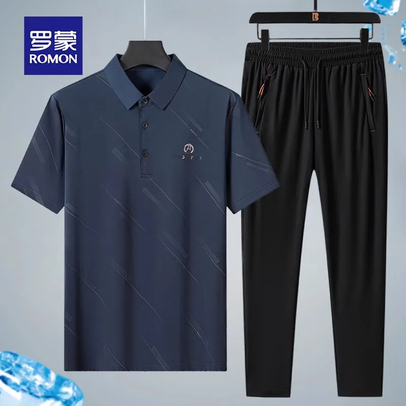 

Мужской летний спортивный комплект из ледяного шелка: футболка и шорты для повседневного отдыха, быстросохнущий, тонкий