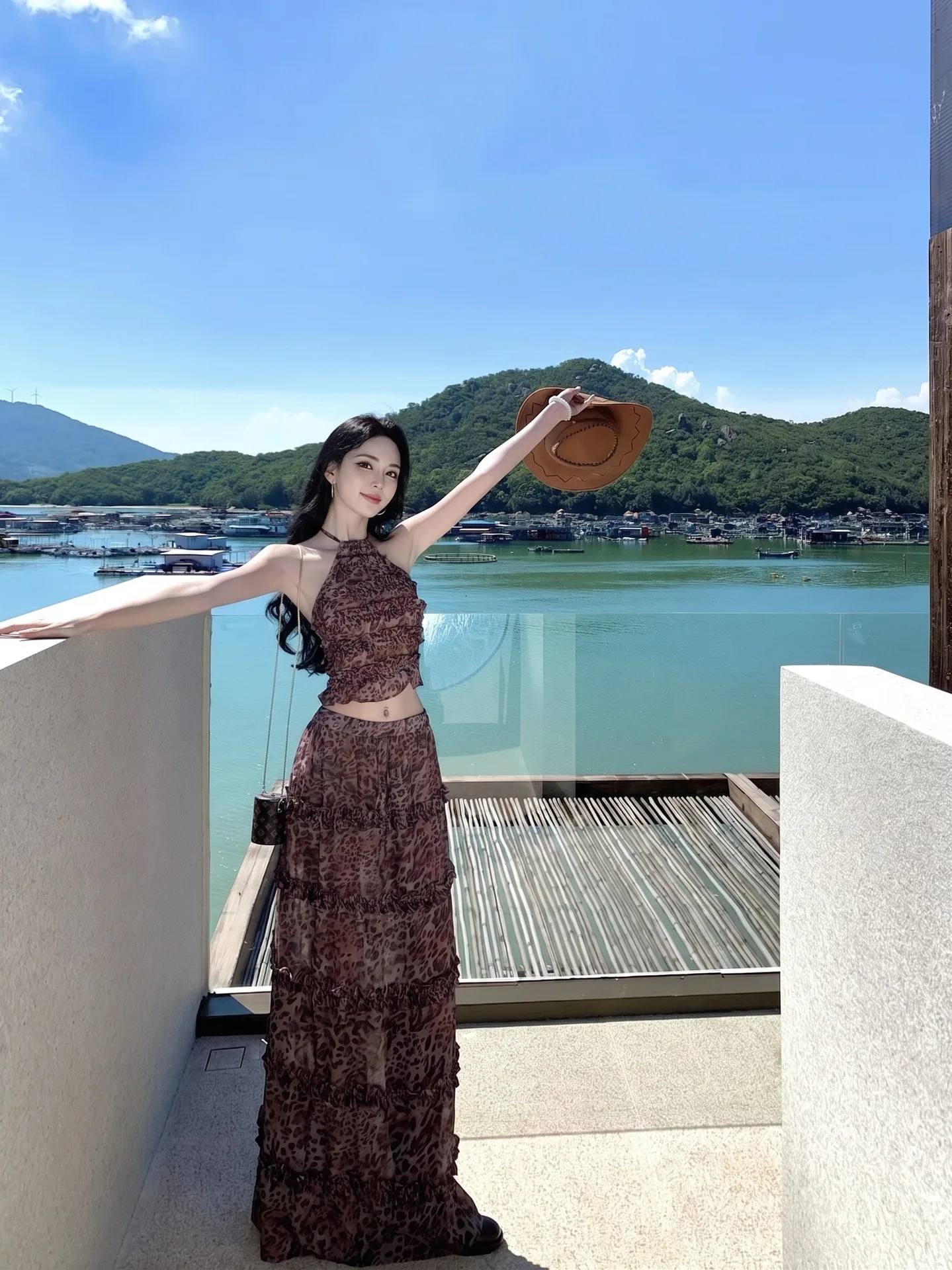 sexy Korean fashion leopard print vest bikinis sets 3pcs with ruffles long skirt swimsuits swimwear biquini tankini trikini