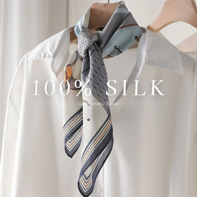 

Luxury Horse Print Mulberry Silk Scarf Women Double Crepe Silk Shawl Square Scarf Elegant Versatile Wrap