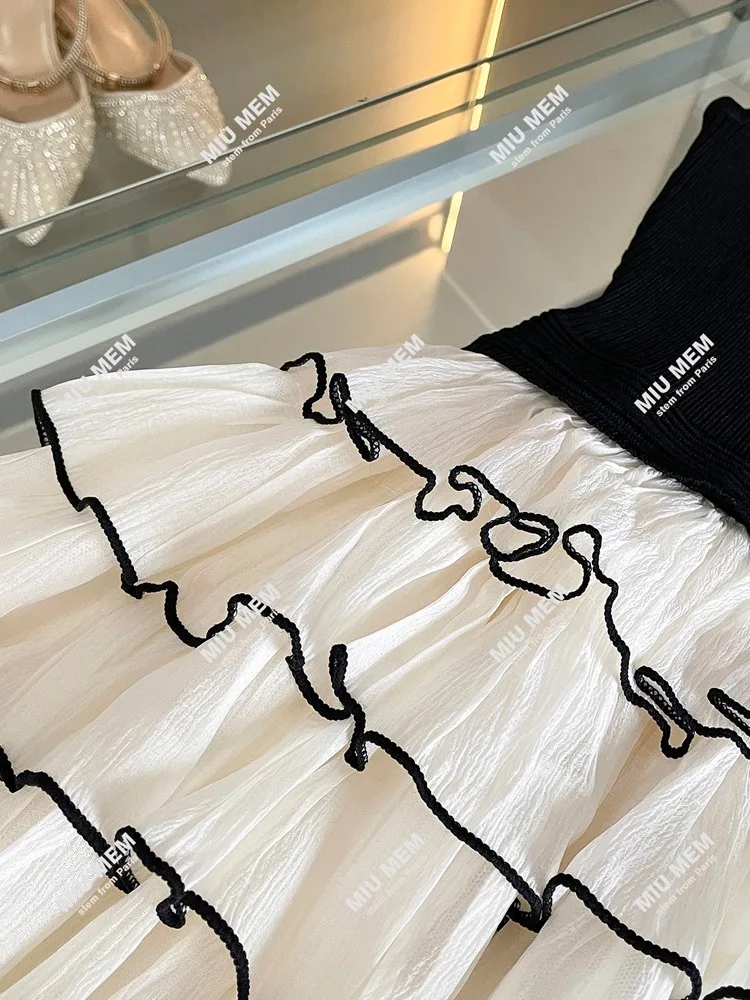 Verão cintura alta malha colete saia emenda camada bolo saia cintura alta a linha vestido feminino