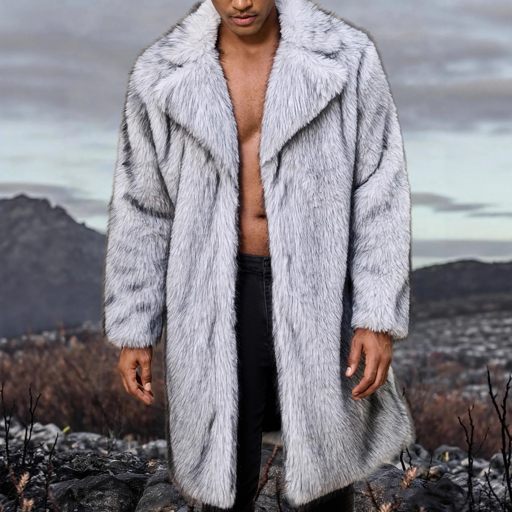 

2025 Autumn Winter New Men Long Faux Fur Coat Camel White Yellow Gray Multiple Colors Optional Warm Faux Fur Wool Jacket