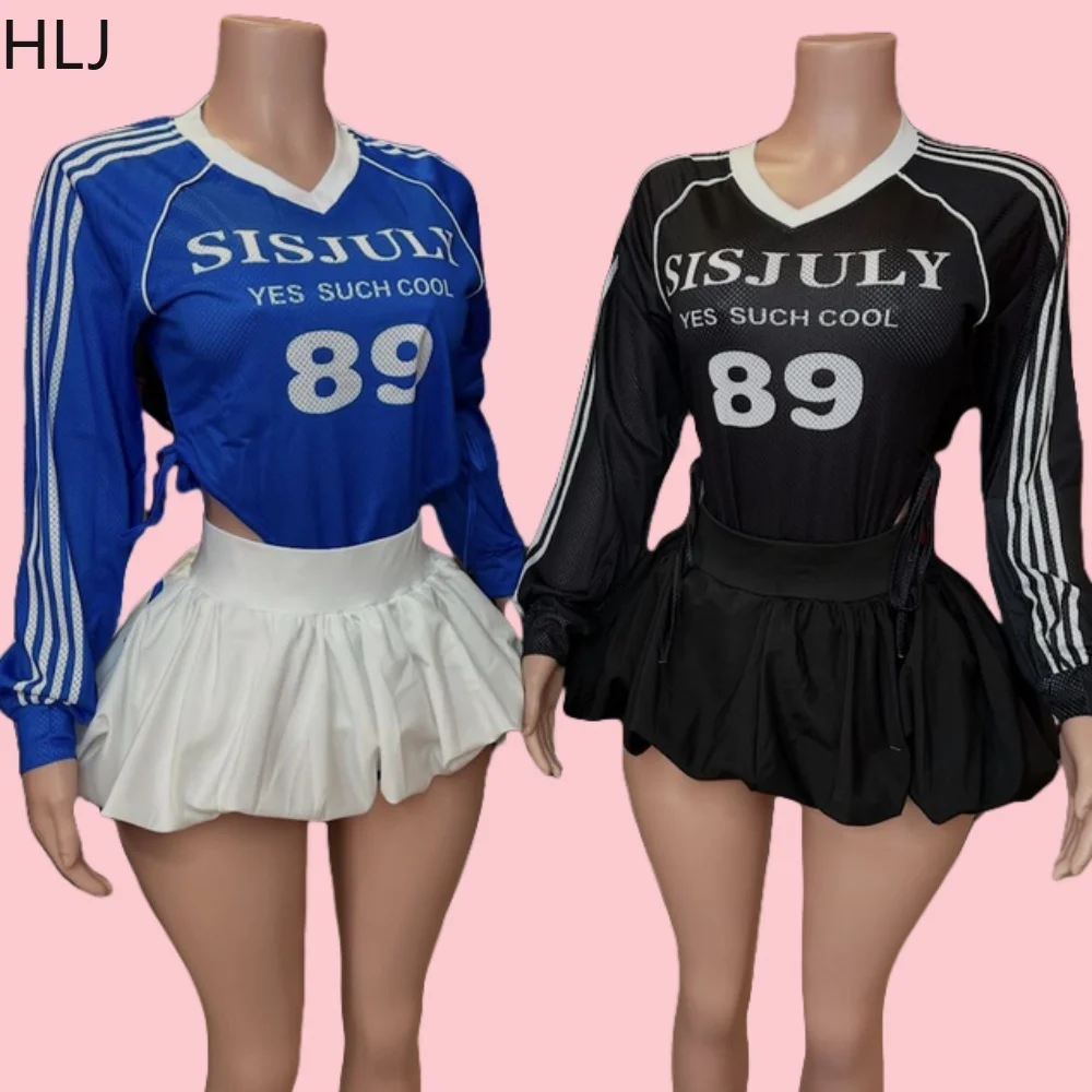 

HLJ Fashion Y2K Letter Stripe Printing Two Piece Sets Women V Neck Long Sleeve Drawstring Bodysuits And Puffy Mini Skirt Outfits