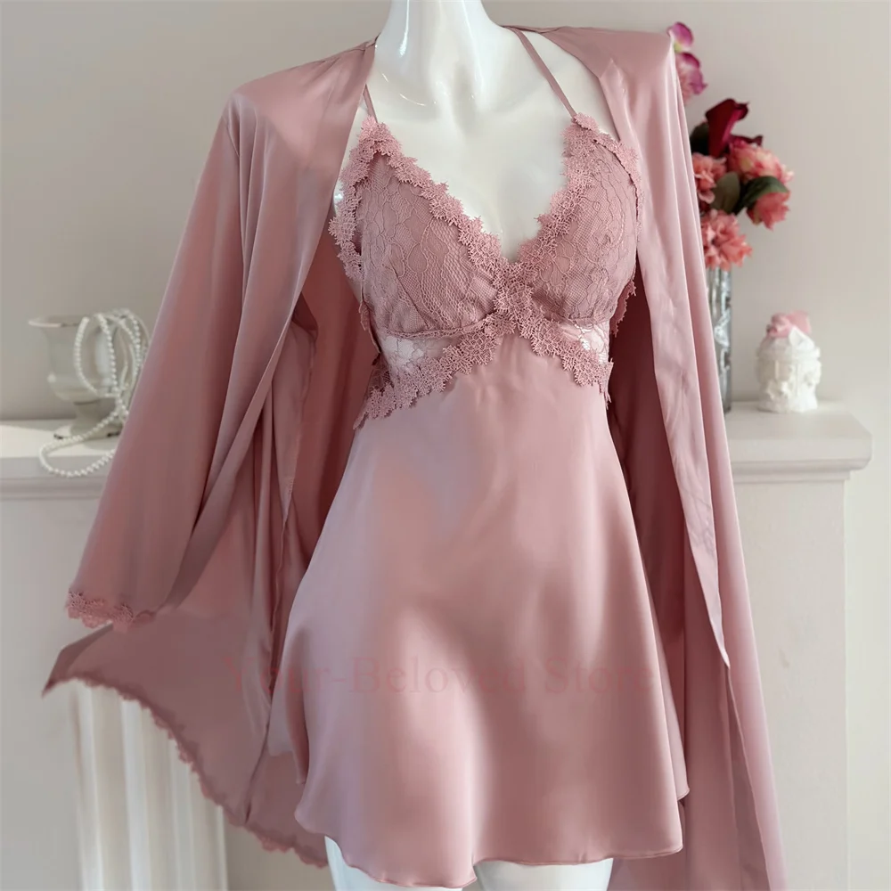 White Bride Wedding Robe Suit Sexy Lace Flower Trim Nightwear Women Spaghetti Strap Satin Homewear Loose Kimono Loungewear