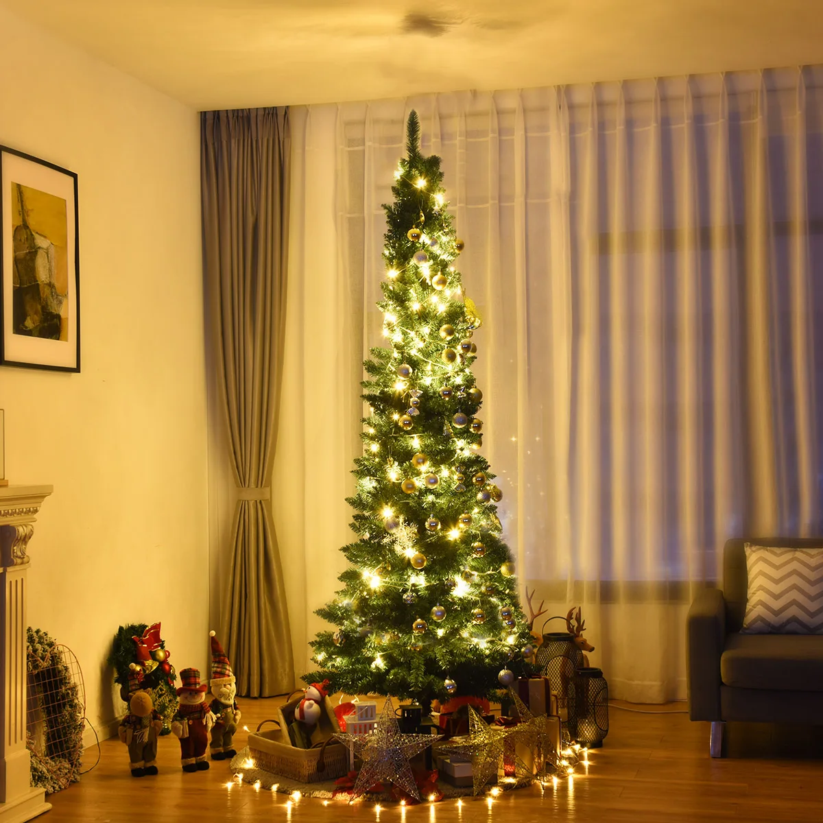 

7Ft PVC Artificial Slim Pencil Christmas Tree w/ Stand Home Holiday Decor Gift