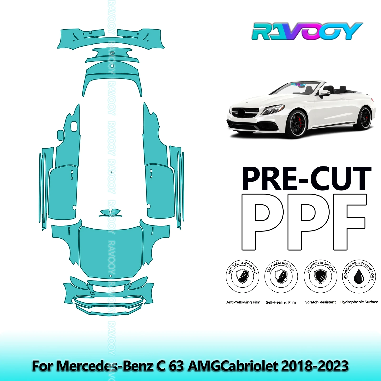 RAVOOY Custom-Fit Precut TPU PPF Full Vehicle Clear Bra Stone Guard EU UK For Mercedes-Benz C 63 AMGCabriolet 2018-2023