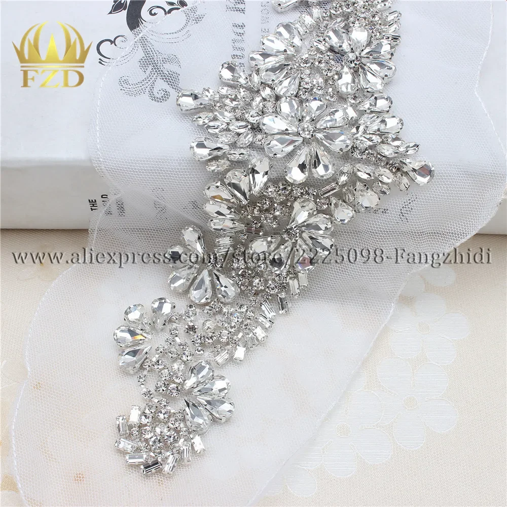 FZD 1 Piece Handmade Rhinestones Sewing on Crystal white Gauze Applique Rhinestone Trim for Wedding Bridal Dress Clothes FA-880