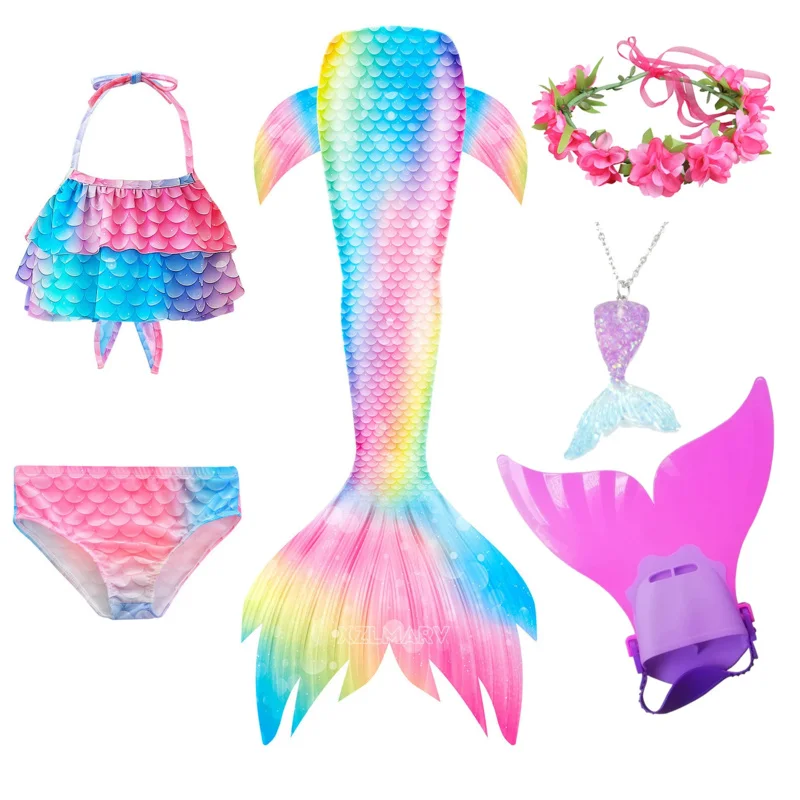 Girls swimmable mermaid tail costume cosplay swimsuit Halloween dress set with fin kids monofin for swimming clothes red bikini