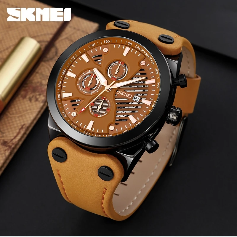 SKMEI 9282 Retro and trendy men's timed quartz watch with hollowed out dial and calendar watch strap