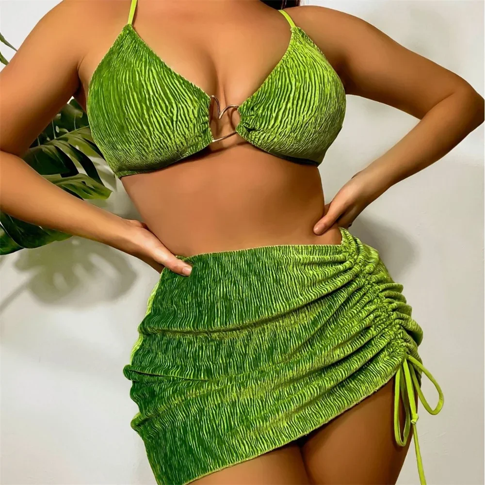 Velvet Bikini Green Y2K Heart Ring Sling Swimsuit Rib Drawstring Skirt 3 Piece Women Vacation Swimwear Beach Outfit Bathing Suit