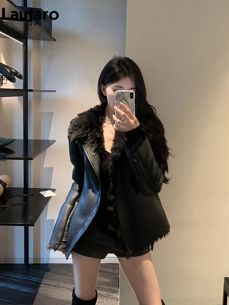 Lautaro Winter Short Luxury Fitted Black Thickened Warm Faux Sheepskin Coat Women Long Sleeve High Quality Fluffy Jacket 2025