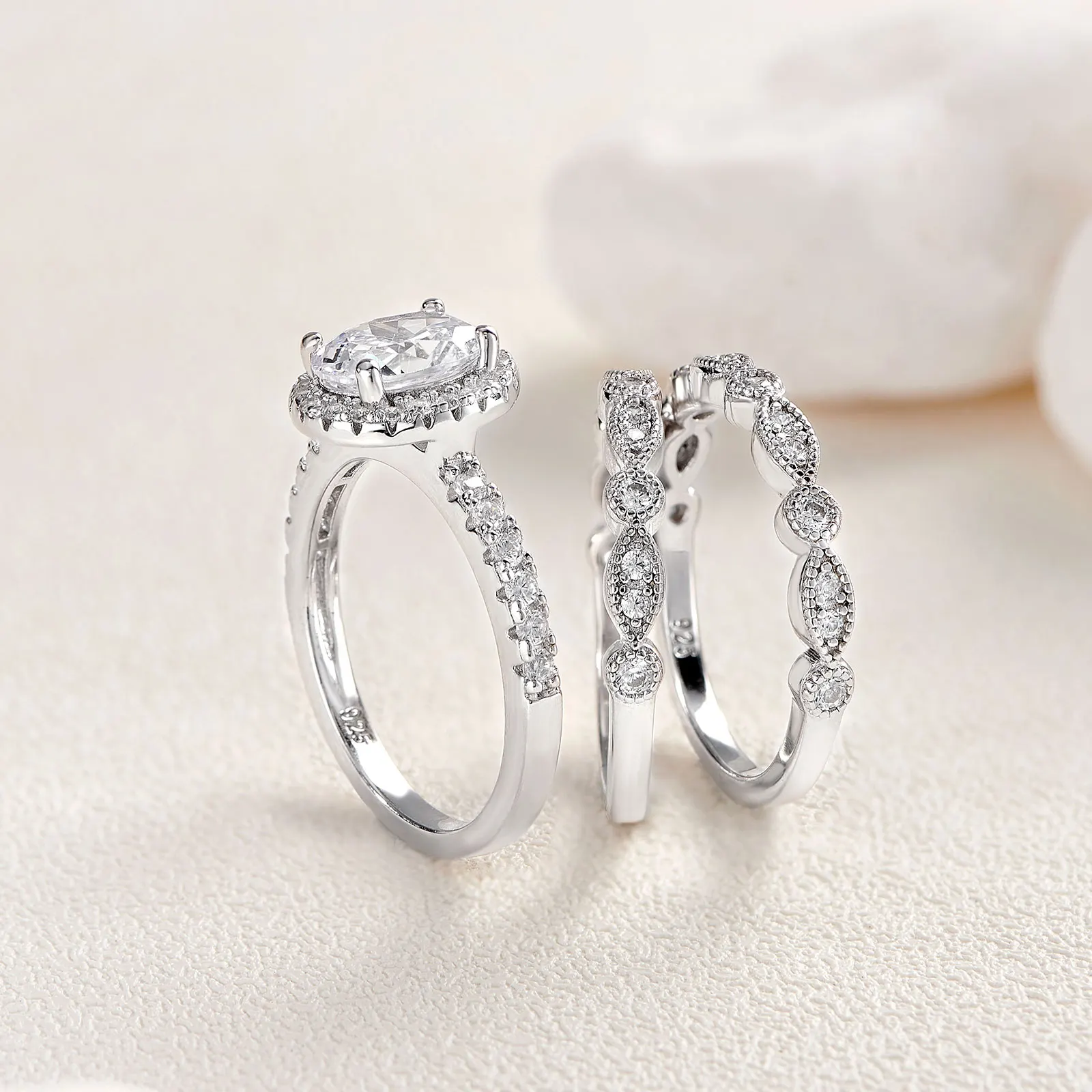 Newshe 3 Pieces Wedding Engagement Rings Set for Women 925 Sterling Silver Jewelry Art Deco Bands Oval AAAAA Cubic Zircon Ring