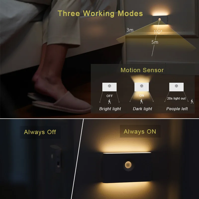 Luz LED nocturna con Sensor de movimiento, lámpara de noche para armario, cocina, dormitorio, Detector, luz de fondo para armario y escalera