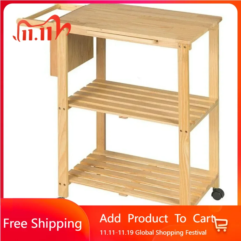 

Wooden Kitchen Trolley Cart Utility Serving Island Dish Shelf Workstation w/Knife Rack Pine Wood Frame 31.5 x 15.7 x 33.2 of Set