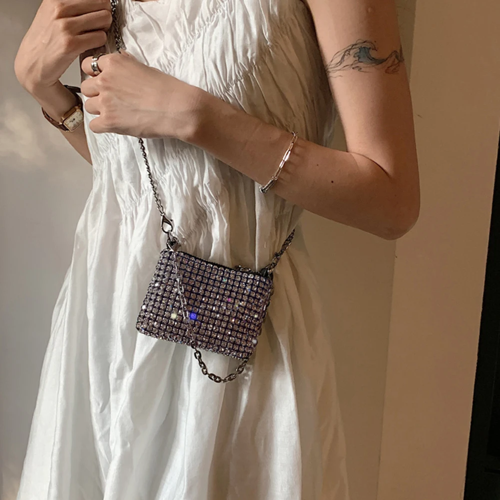 Rhinestone Crossbody Bag Breathable Mini Composite Shoulder Bag Scratch Resistant Metal Double Chain Fashion for Shopping Trip