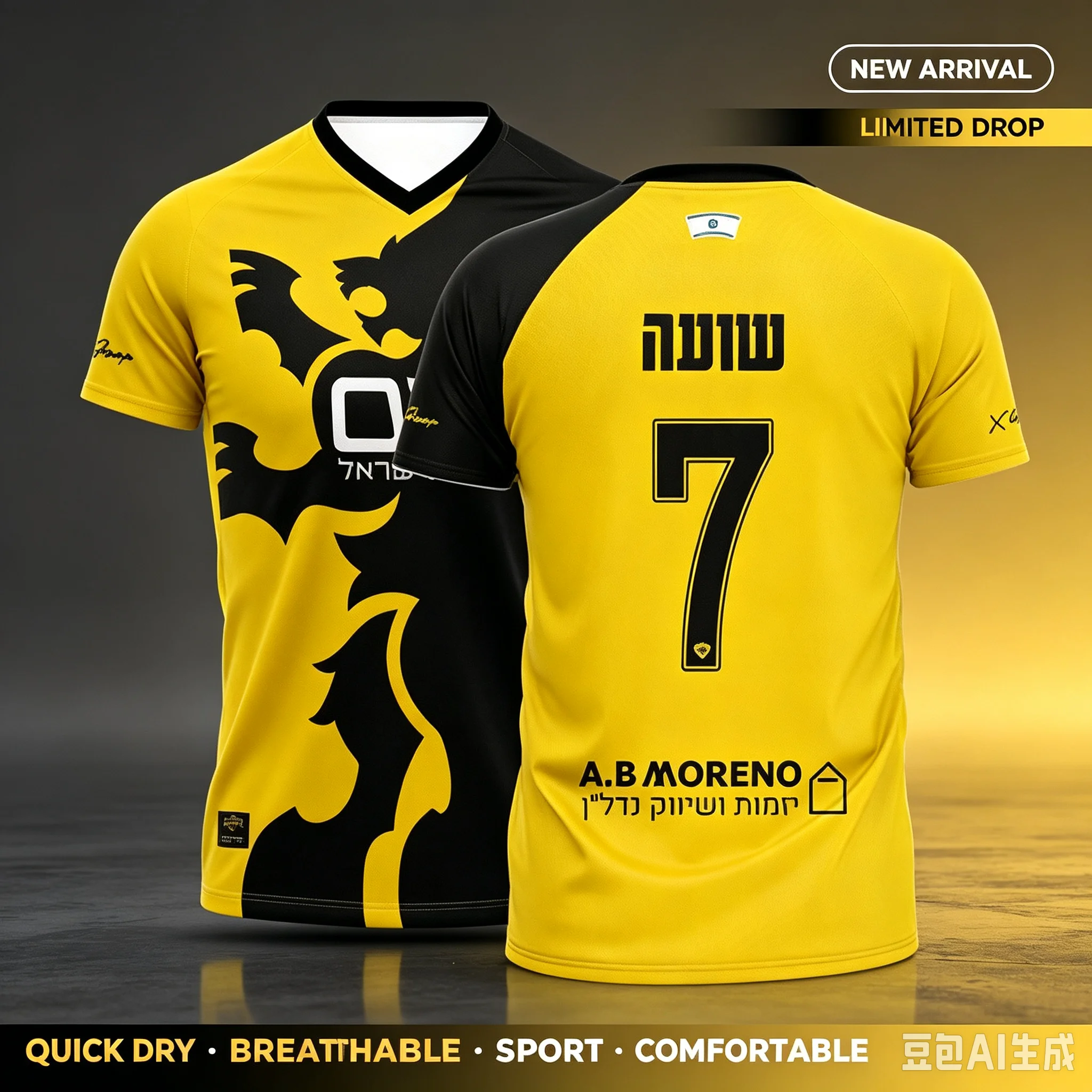 Men's New Beitar Jerusalem Split Black Yellow Lion Competition Jersey Breathable Mesh Short Sleeve Soccer Training Wear