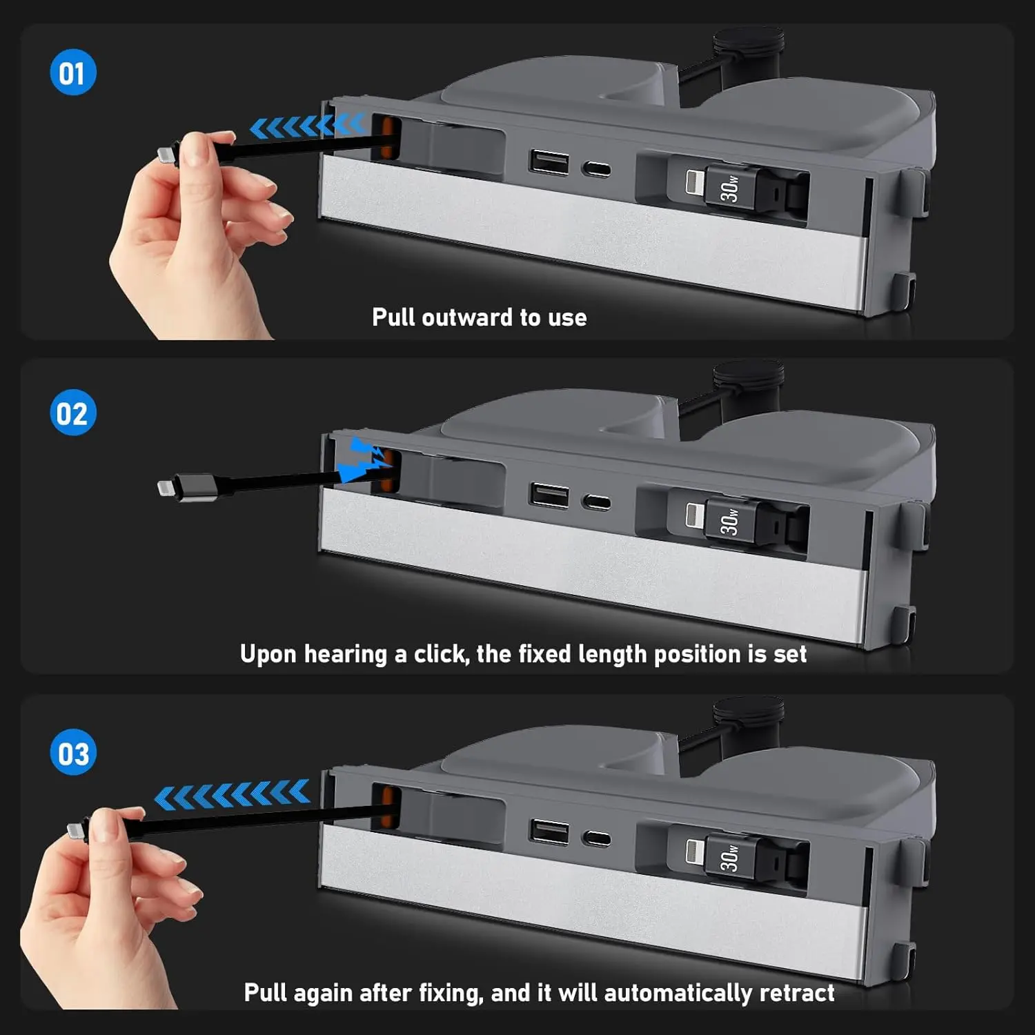 USB Charger Hub for Tesla Model 3 Highland 2024-2026 Model Y Juniper 2025-2026 122W 4-Port Retractable Fast Charging Cables