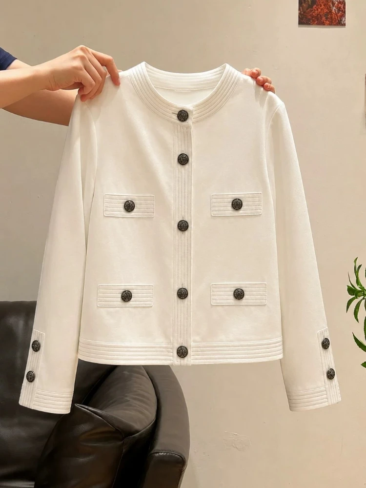 Cardigan Women Elegant Lady Round Neck Topstitch Metal Button Straight Cropped Premium Office Minimalist Chic Fashion Jacket