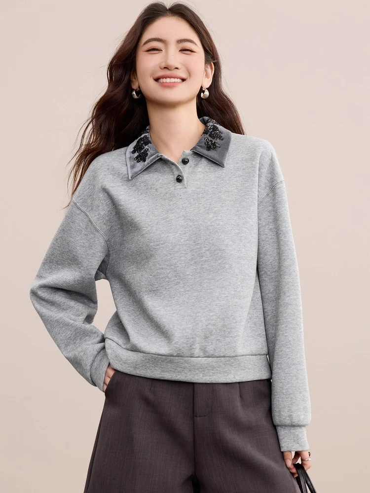 

SENTUBILA Knit Pullovers Woman Solid Loose-fit Long-Sleeve Contrasting Colors Pullovers Sequined Embroidery Sweatshirt 153AK2011