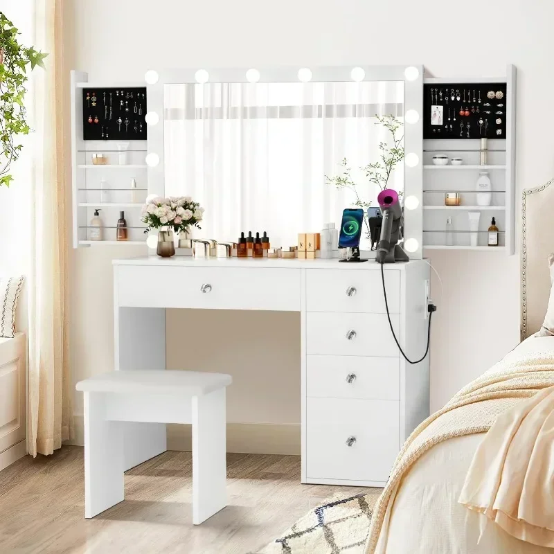 Makeup Vanity Desk with Lighted Mirror Power Outlet 5 Drawers Table 3 Lighting Modes Brightness Adjustable