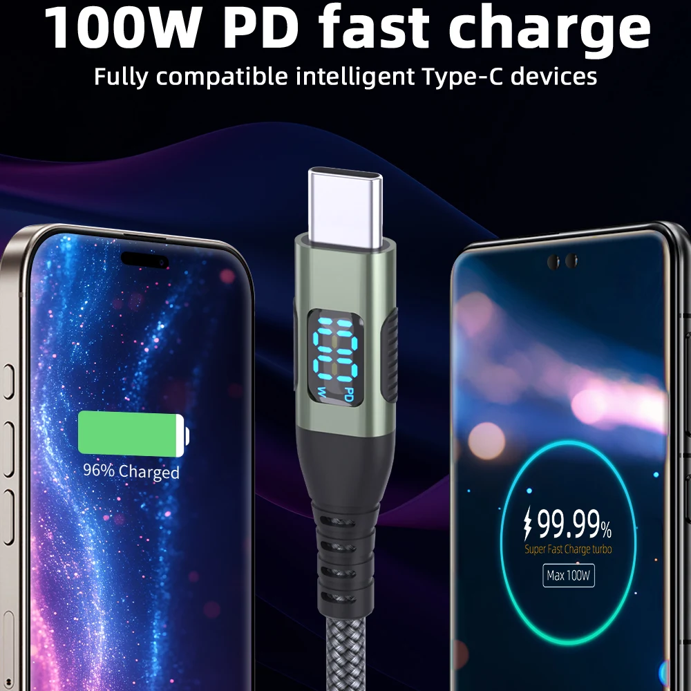 BCVS USB-C-auf-USB-C-Kabel, 100 W, mit digitaler Anzeige, für schnelles Laden, geflochtenes Nylonkabel, Typ-C-Datenkabel, PD 100 W, für iPhone und Samsung Galaxy. – Detail 1