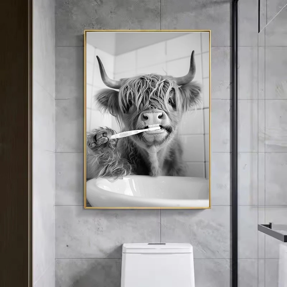 مضحك الحيوانات الياك بالفرشاة الأسنان الحمام أبيض وأسود الملصقات يطبع صورة حائط لوح رسم ديكور فني مرحاض ورق التواليت