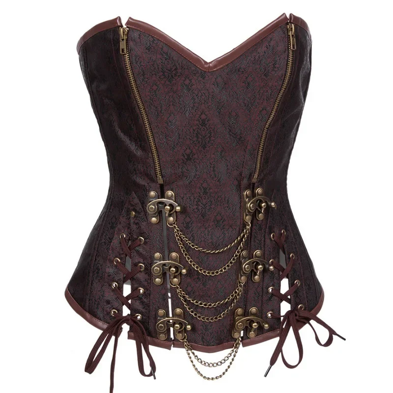 

Brown Leather Corset Plus Size Steampunk Corsets And Bustiers Steel Bone Spiral Tops Chain Gothic Pirate Vintage Women