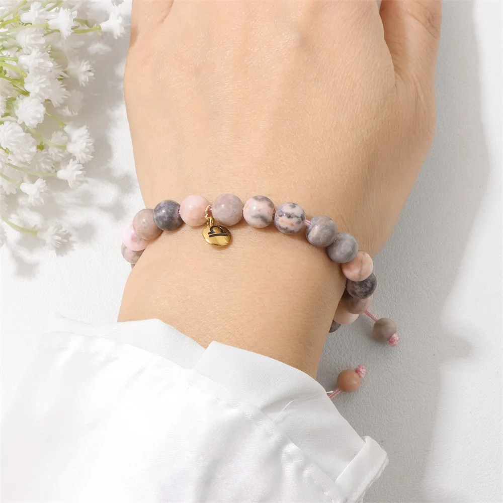 8mm Pink Zebra Beads Braided Wrap Bracelet 12 Zodiac Constellation Signs Bracelets for Women Astrology Birthday Gift Jewelry