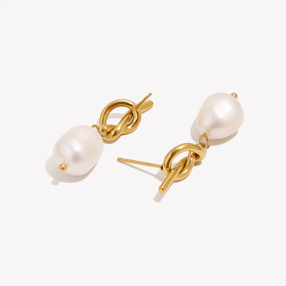 Knot Button Freshwater Pearl Drop Earrings Water Resistant 316L Stainless Steel Jewelry 18K Gold Plated Earrings for Women