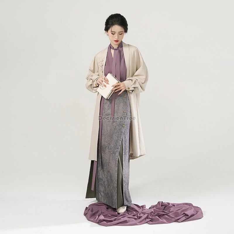 

2024 chinese improved modern elegant style long sleeve coat blouse printed long skirt women song dynasty daily hanfu set w1013