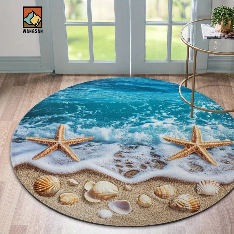 VIKAMA Round Beach Bath Mat 3D Blue Surf Wave Starfish Seashell Sandy Beach Print Non‑slip Bathroom Circular Floor Rug