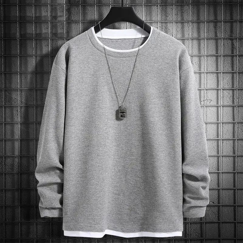 Male Clothes Off White Pullover Solid T-shirt Sweatshirt for Men Hoodieless Simple Waffle Spliced Top Sweat Cotton New in Cheap