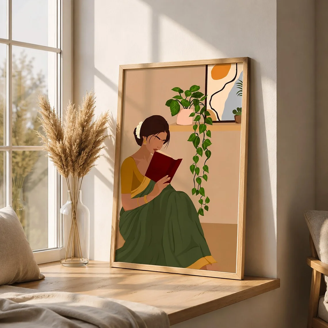 Indian Women In Saree Reading Book Art, Desi Art, Book Lovers Art, South Asian Art, Indian Wall Art, Brown Girl, Boho Art, Tamil